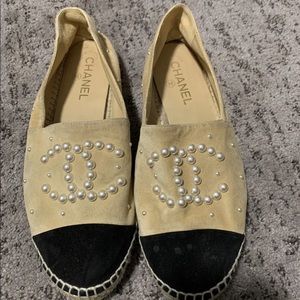 Chanel Tan Black Suede Pearl Espadrilles 41